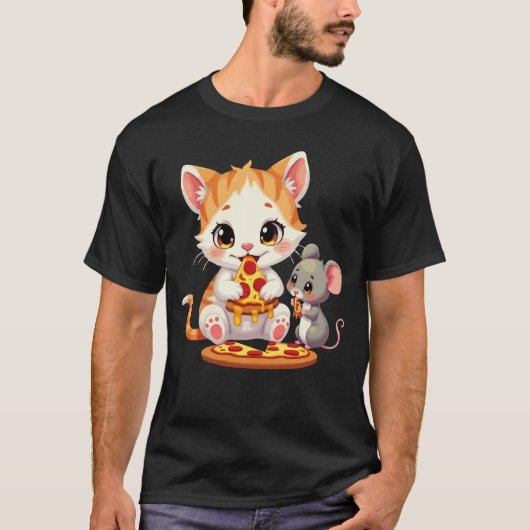 T-shirt chat drôle mangeant une pizza souris mangeant une (Devant)
