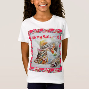 T-Shirt Chat drôle Merry chats Noël Red Girls T Chemise