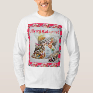 T-shirt Chat drôle Merry chats Noël Red Mens T Chemise
