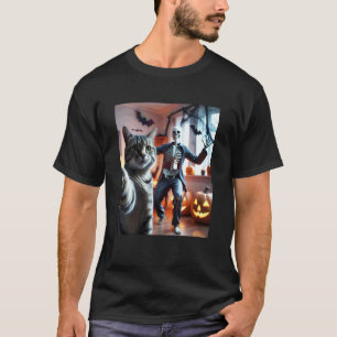 T-shirt Chat drôle selfie avec squelette Halloween effraya