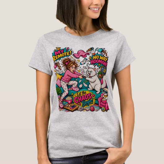 T-shirt Chat Drôle vs Bataille de Télécommande Humaine Des (Devant)