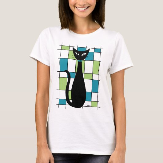 T-shirt Chat du milieu du siècle avec des rectangles verte (Devant)
