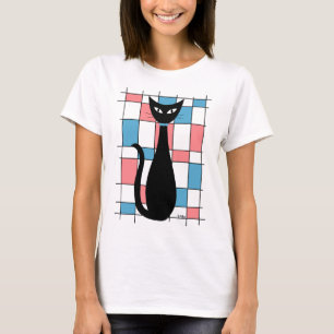 T-shirt Chat du milieu du siècle avec Rectangles bleues et