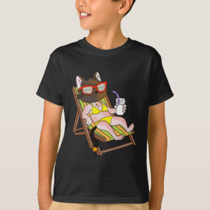 T-shirt Chat en bikini sur chaise longue de plage en train