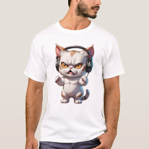 T-shirt chat en colère avec écouteurs mignon drôle chat en