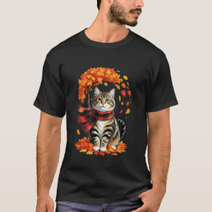 T-shirt Chat en écharpe d'automne avec feuilles tombantes