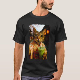 T-shirt Chat en kimono mignon selfie buvant du thé aux bul