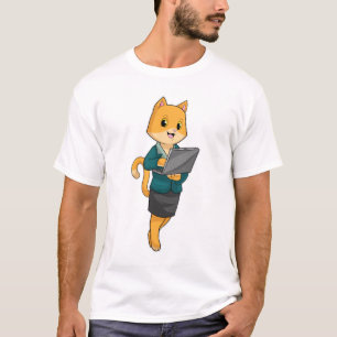 T-shirt Chat en tant que secrétaire avec ordinateur portab