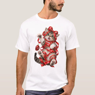 T-shirt Chat enveloppé dans un ruban de Noël