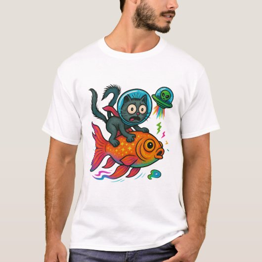 T-shirt Chat équitation de poisson s'échapper Alien (Devant)