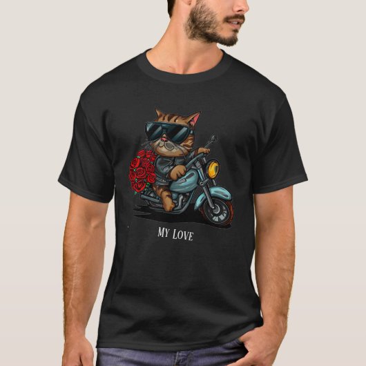 T-shirt Chat équitation moto roses rouges fleurs mon amour (Devant)