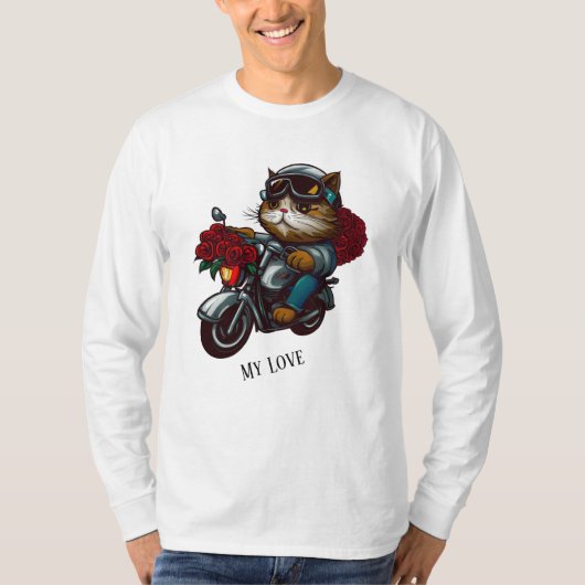T-shirt Chat équitation moto roses rouges fleurs mon amour (Devant)