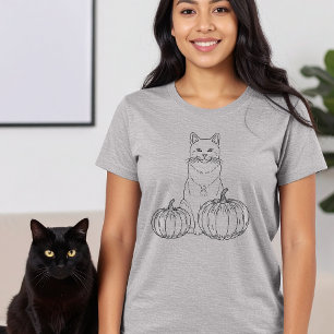 T-shirt Chat Et Citrouille Ligne Minimale Art Joli Hallowe