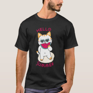 T-shirt Chat Été Mignon Pastèque Fruit Tropical Bonjour Su
