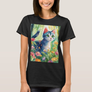 T-shirt Chat fantaisiste à l'aquarelle dans un jardin flor