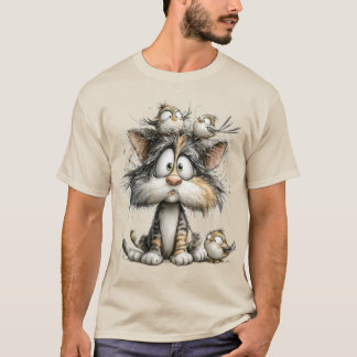 T-shirt Chat fantaisiste avec des oiseaux