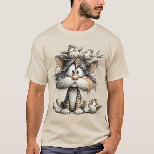 T-shirt Chat fantaisiste avec des oiseaux (Devant)