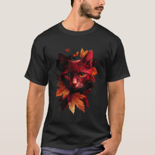 T-shirt Chat Feuilles d'automne tombent Nature Rouge foncé