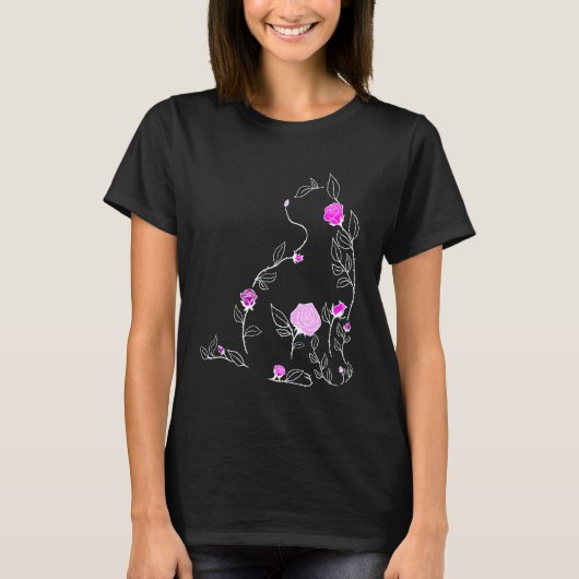T-shirt Chat Fleur Rose Graphique Rose (Devant)