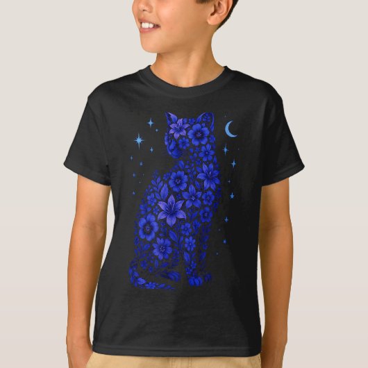 T-shirt Chat Fleurs Lune Étoiles (Devant)