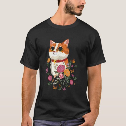 T-shirt Chat Fleurs Papillons Chat (Devant)