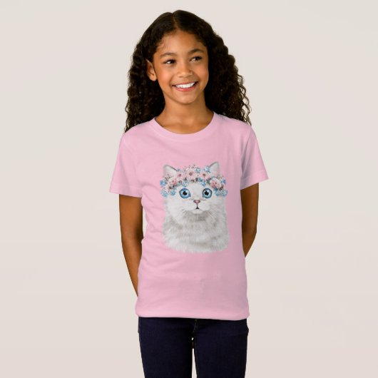 T-Shirt Chat floral blanc doux (Devant entier)