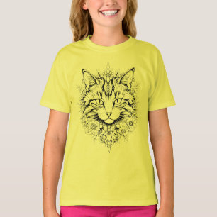 T-shirt Chat floral mystique - Art noir et blanc complexe
