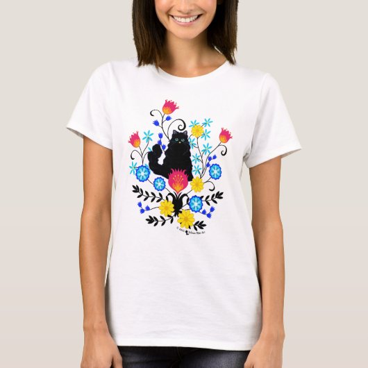 T-shirt Chat Fluffy Noir avec Fleurs (Devant)