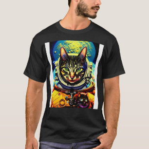 T-shirt Chat futuriste de l'astronaute des yeux verts
