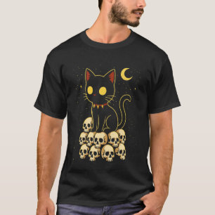 T-shirt Chat gothique effrayant Kitty mignon sur crânes Ha