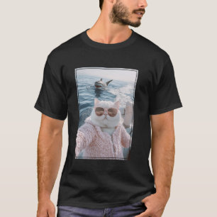 T-shirt Chat Gras Cool Selfie sur Bateau Yacht avec Requin