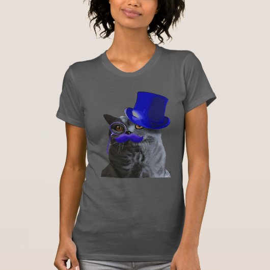 T-shirt Chat gris avec chapeau bleu et moustache bleue (Devant)
