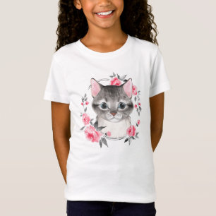 T-Shirt Chat gris avec des fleurs. Aquarelle