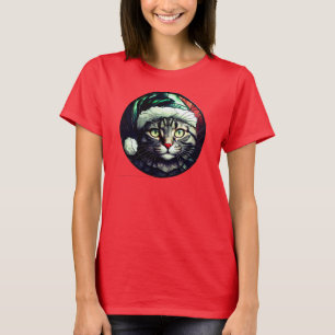 T-shirt Chat Gris Tabby de Noël en Verre Coloré avec Chape