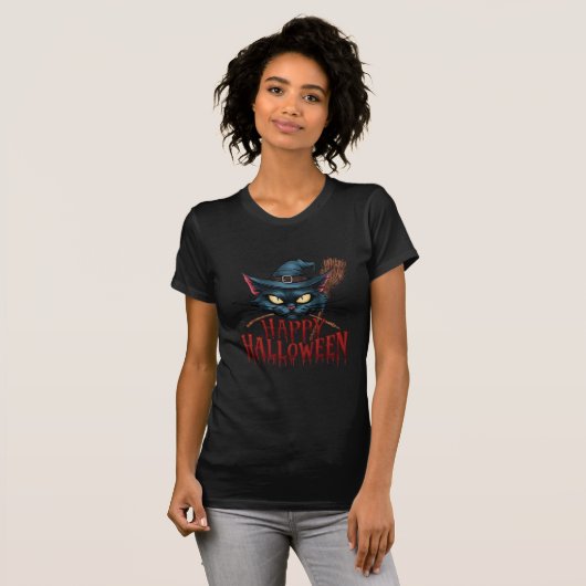 T-shirt Chat Halloween - Conception Chat Sorcière Éffrayan (Devant entier)