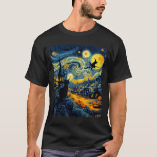 T-shirt Chat Halloween Van Gogh Nuit Étoilée Citrouille Ho