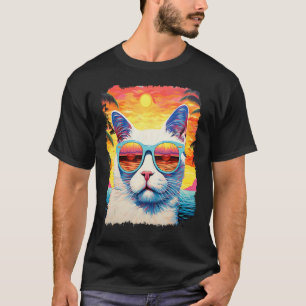 T-shirt Chat Hawaïen Blanc Pop Art