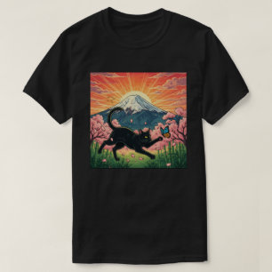 T-shirt Chat japonais enjoué sous les fleurs de cerisier
