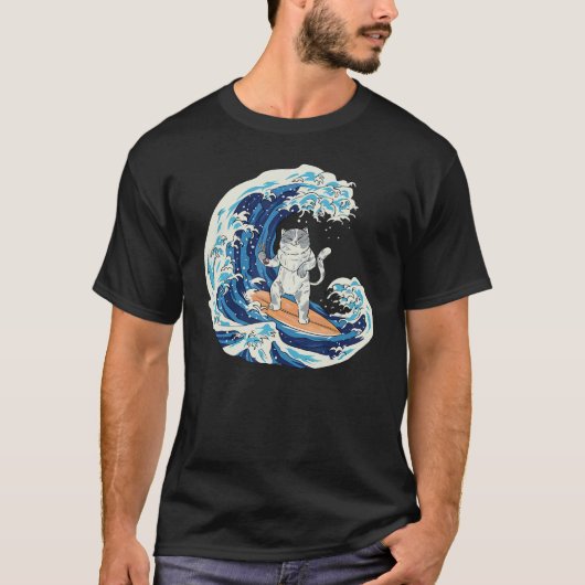 T-shirt Chat Japonais Mangeant des Sushi sur une Vague de (Devant)