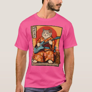 T-shirt Chat Japonais Samurai Jouant À La Guitare Électriq