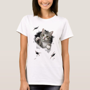 T-shirt Chat jouant avec papillon et thé en tissu multiple