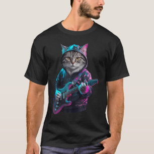 T-shirt Chat Jouant de la Guitare Rock And Roll Star du Ro