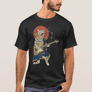T-shirt Chat jouant de la guitare Ukiyo E Samouraï Guerrie
