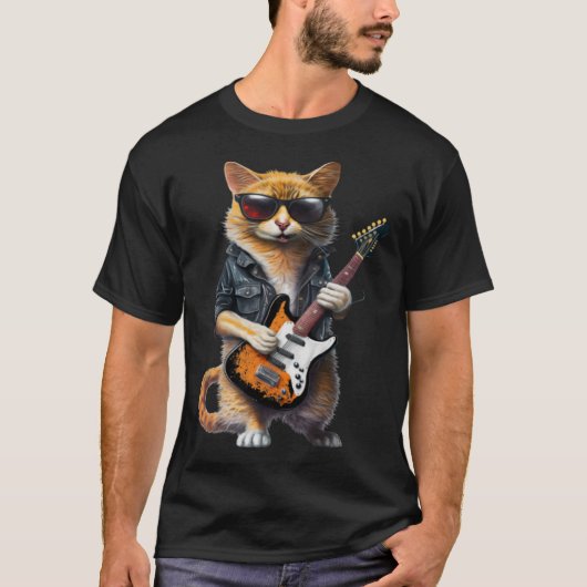 T-shirt Chat Jouer Guitare Électrique Animal Chat Guitare (Devant)