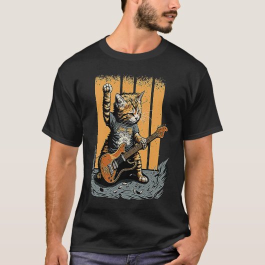 T-shirt Chat Jouer la guitare Rock Kitty Chat Lecteur bass (Devant)