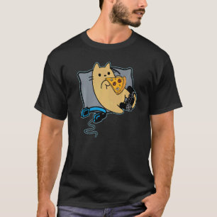 T-shirt Chat joueur gourmand de pizza ringard jeu en pause