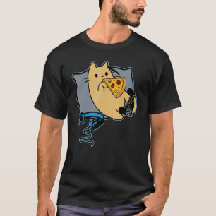 T-shirt Chat joueur gourmand de pizza ringard jeu en pause