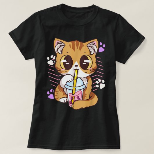 T-shirt Chat Kawaii Buvant du Thé Boba (Design devant)