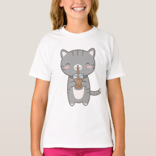 T-shirt Chat Kawaii Gris Mignon Thé au Lait aux Perles de
