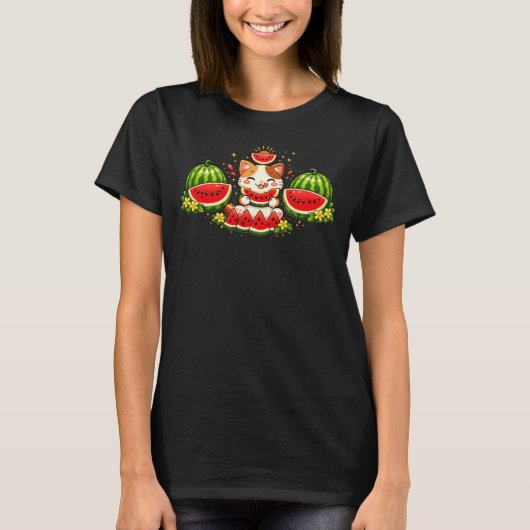 T-shirt Chat Kawaii Heureux avec Illustration de Pastèque (Devant)